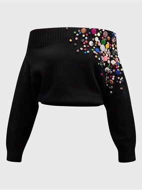 Black Off-Shoulder Sweater with Multicolor Embellishments